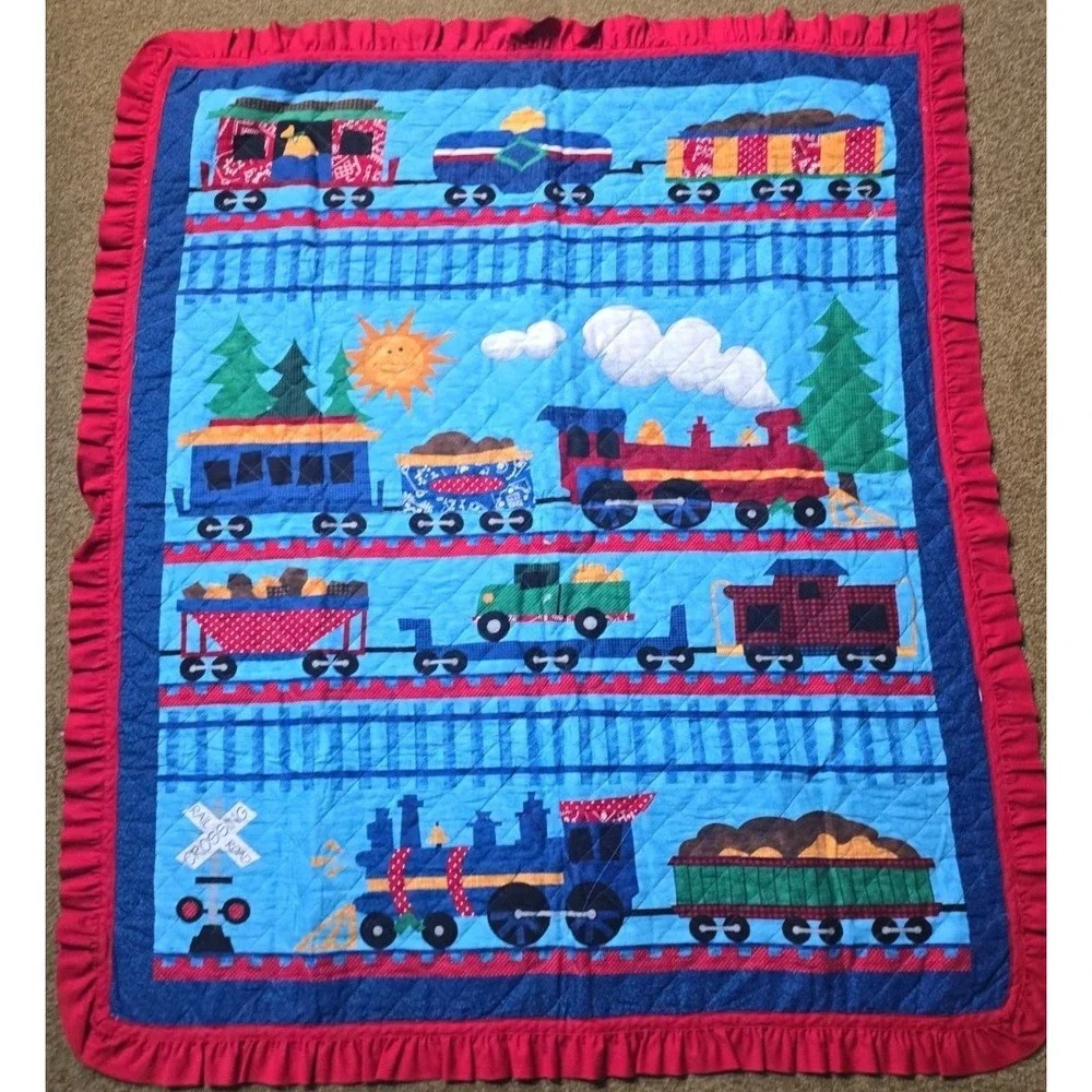 Vtg Kids Train Quilt Blanket Railroad Locomotive Ruffle Grandmacore 37 x 44